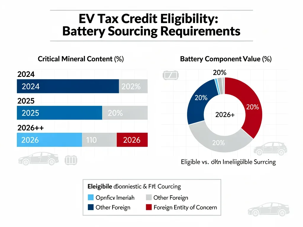 Infographic detailing critical mineral and battery component sourcing for EV tax credit