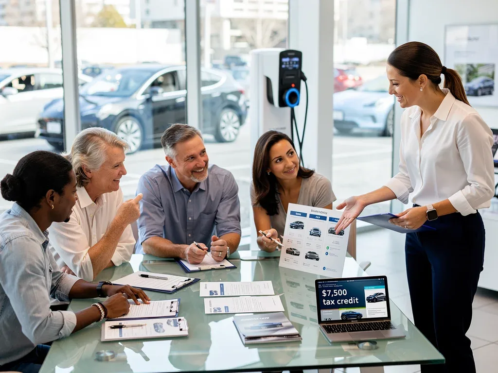 Consumers discussing EV purchase and tax credit eligibility at a dealership
