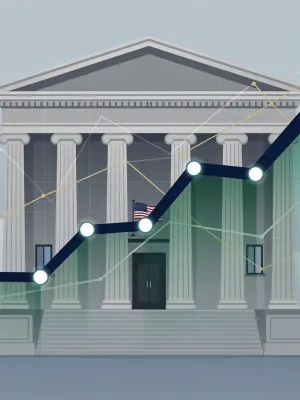 Federal Reserve building with financial graphs showing a 25-basis-point interest rate shift and its economic impact.