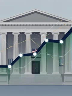 Federal Reserve building with financial graphs showing a 25-basis-point interest rate shift and its economic impact.