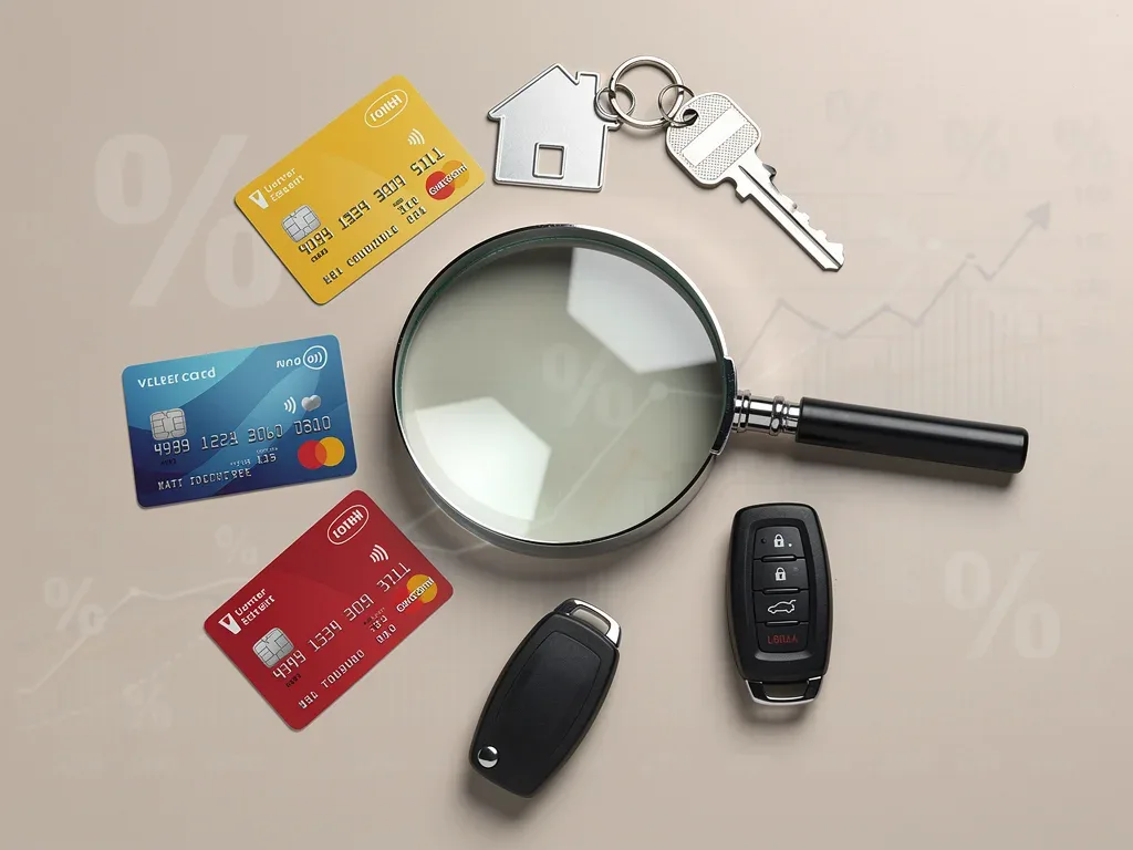 Consumer credit items like credit cards, house keys, and car keys, showing the direct impact of Fed rate changes.