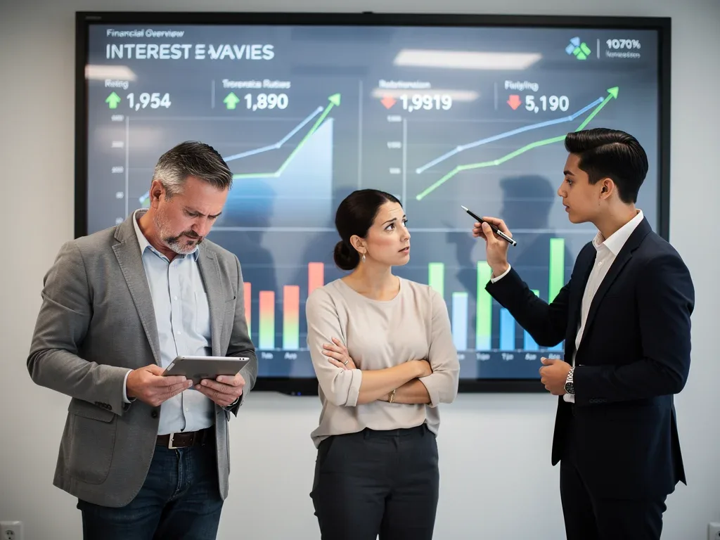 People reacting to financial data on a dashboard, illustrating the diverse impact of Fed rate changes on different economic sectors.