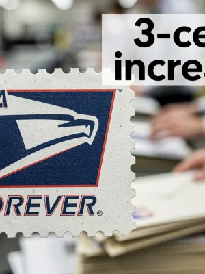 USPS Forever stamp with 3-cent price increase notification
