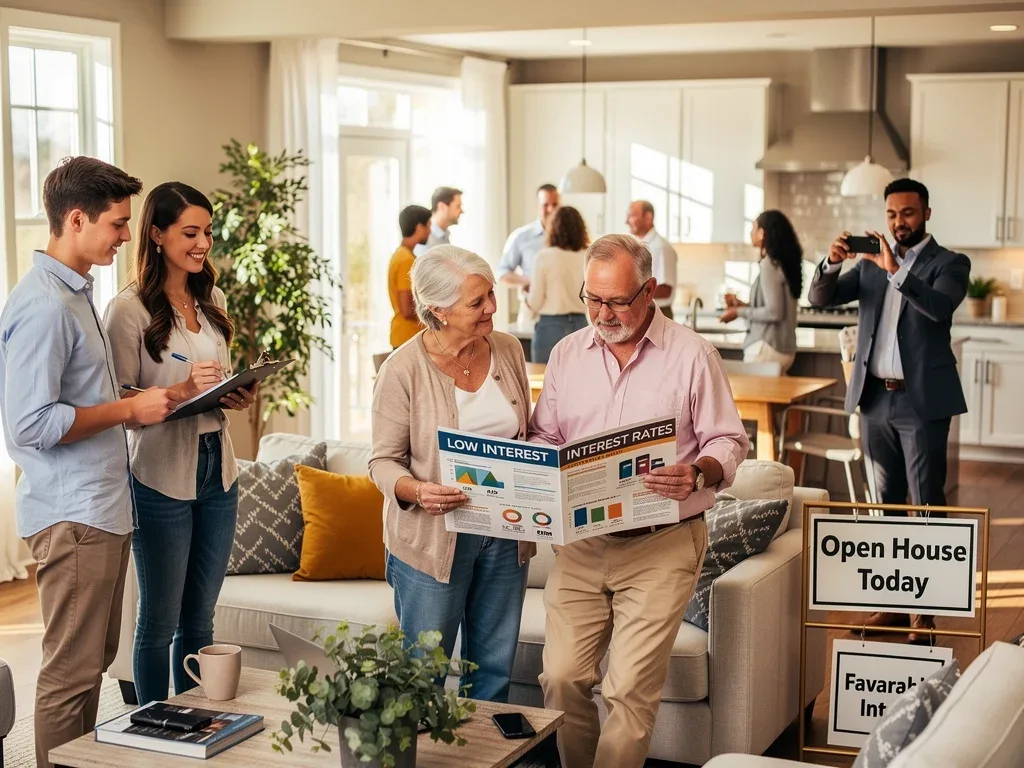 Prospective homebuyers actively viewing a property during an open house, reflecting renewed interest in the housing market.