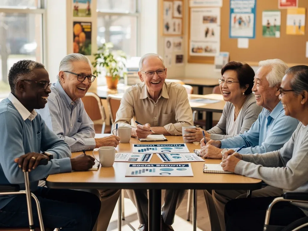 Diverse senior citizens discussing financial planning