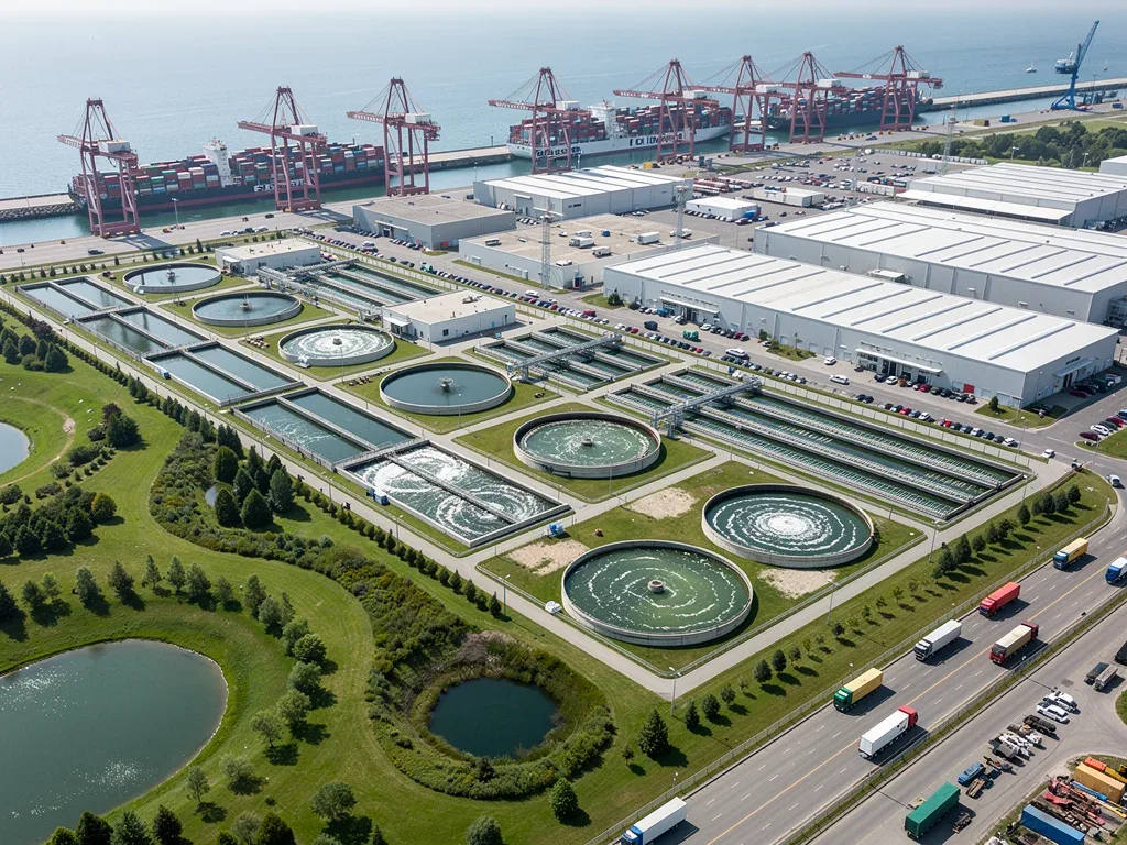 Aerial view of industrial wastewater treatment plant ensuring clean discharge