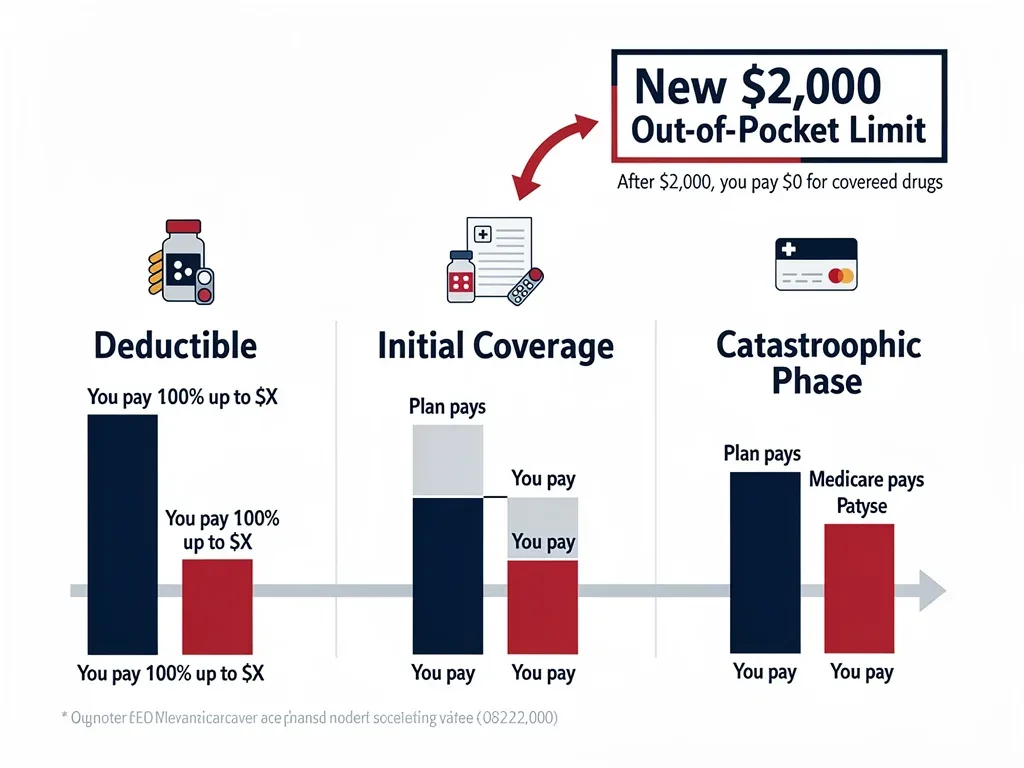 Infographic detailing Medicare Part D coverage phases and new ,000 cap