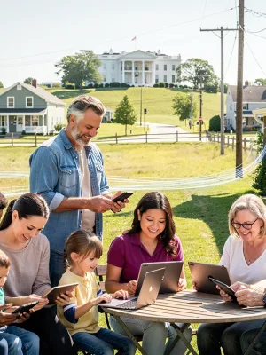 White House unveils $12 billion national broadband expansion grant for rural and suburban connectivity, showing people benefiting.