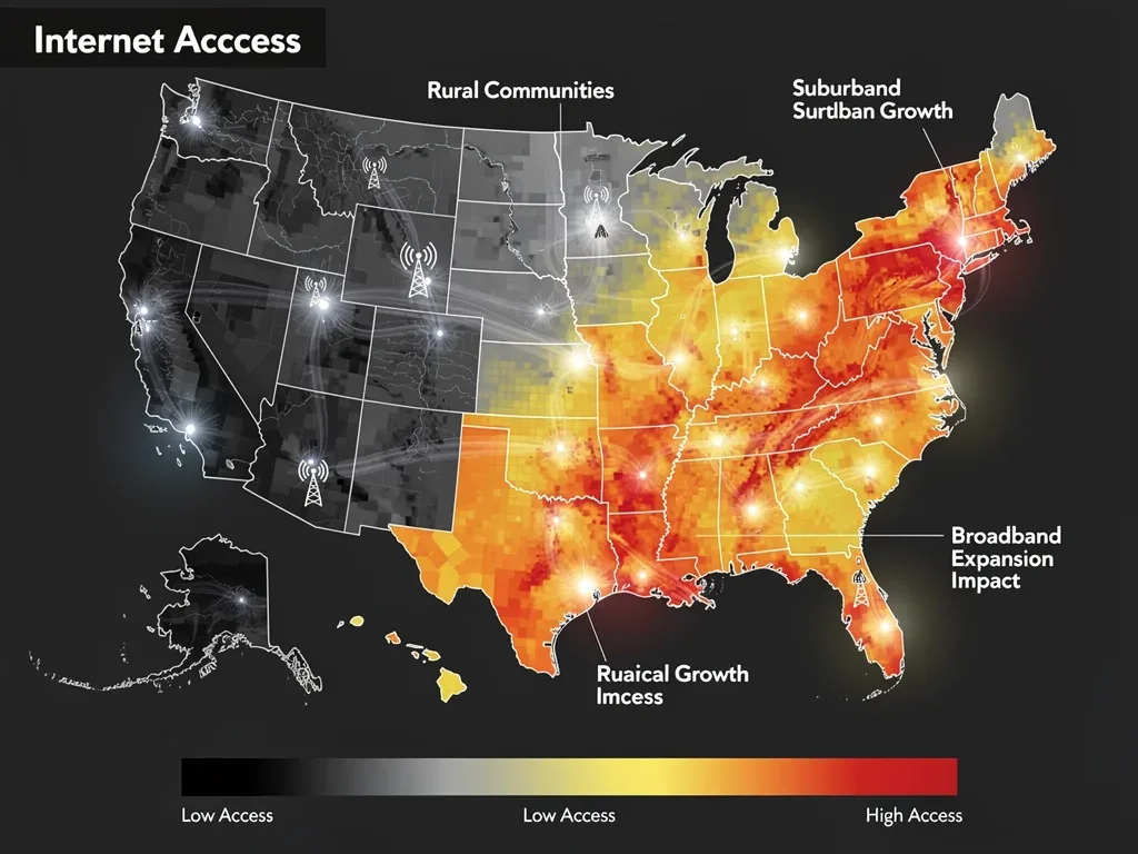 Map showing improvements in rural and suburban internet access due to broadband expansion grants.