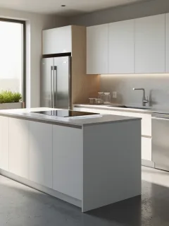 Modern kitchen with energy-efficient appliances, symbolizing DOE efficiency mandates.