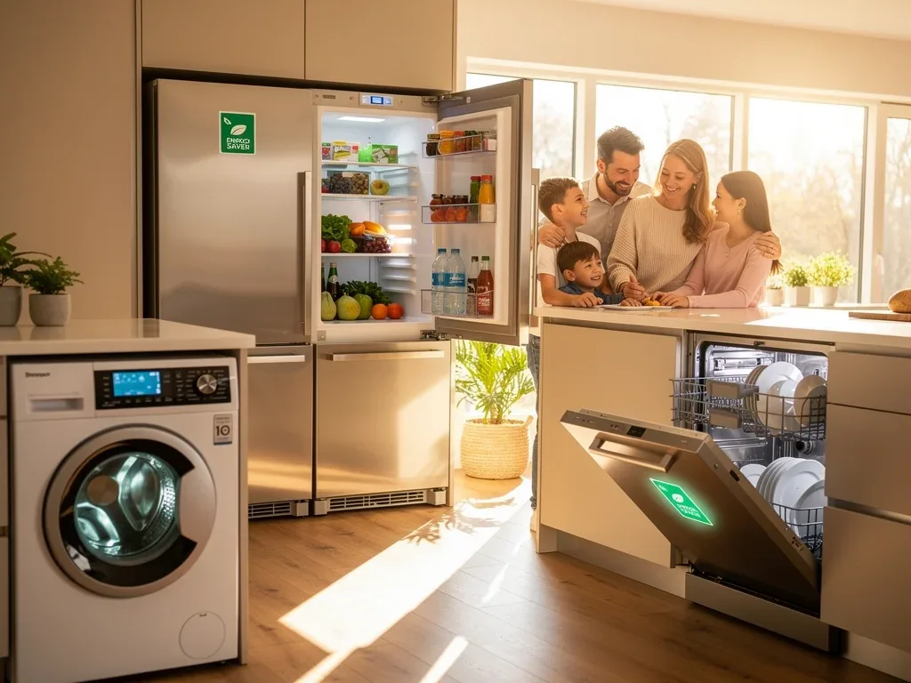 Family enjoying home with new energy-efficient appliances and lower utility bills.