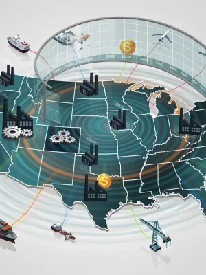 Illustration of new 15% tariff adjustments impacting U.S. manufacturing productivity and global supply chains.