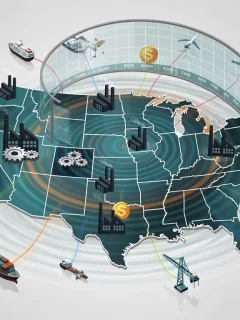 Illustration of new 15% tariff adjustments impacting U.S. manufacturing productivity and global supply chains.