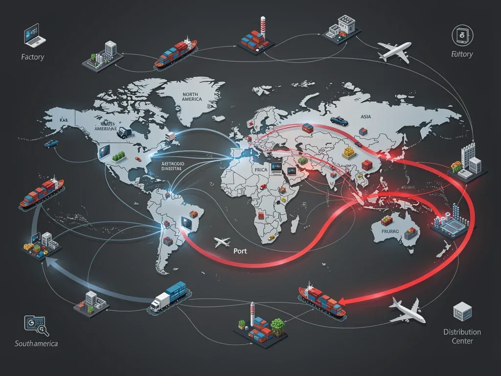 Diagram of global supply chain disruptions and adjustments due to new tariff policies.