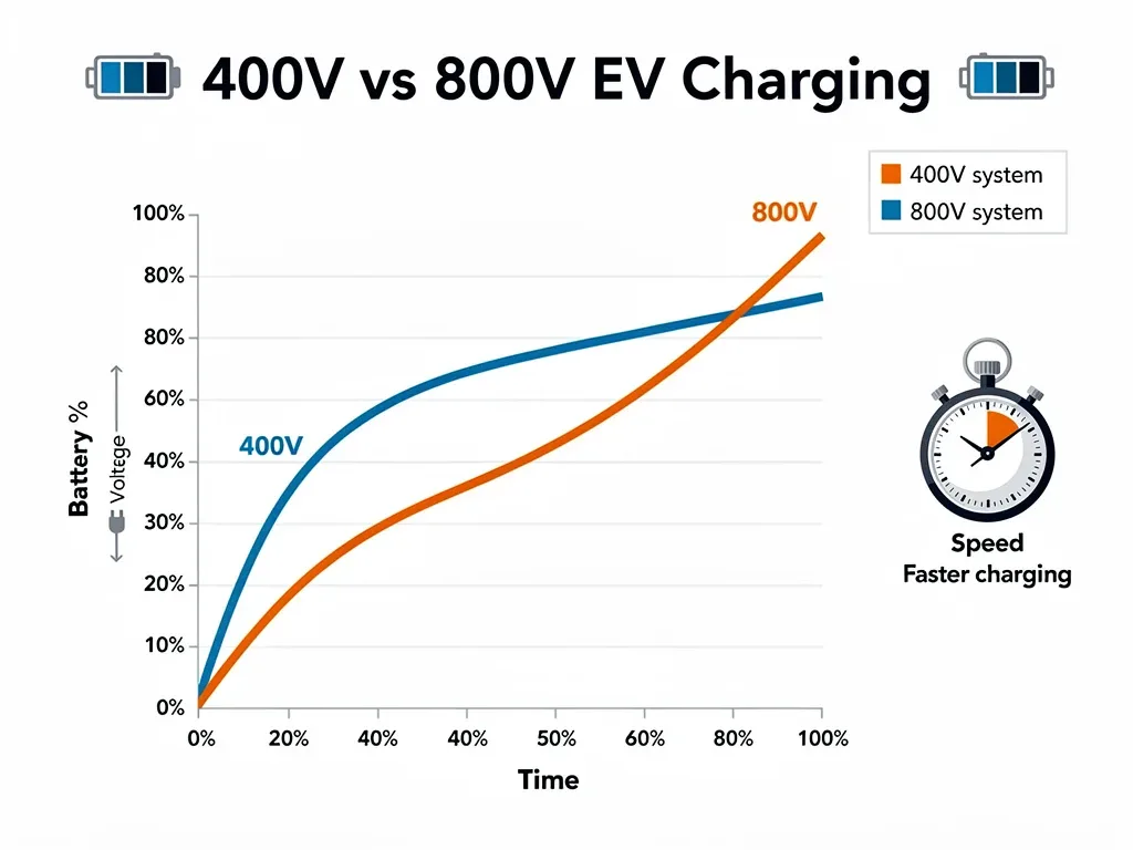 Infographic comparing 400V and 800V EV charging speed