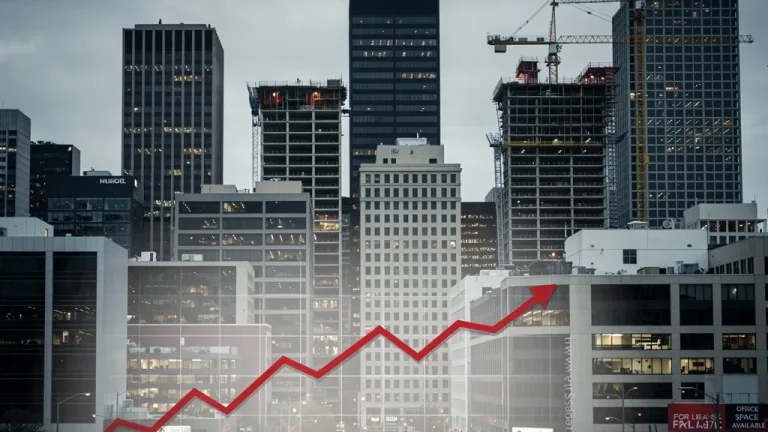 Modern city skyline with commercial buildings, symbolizing real estate market challenges and devaluation trends.