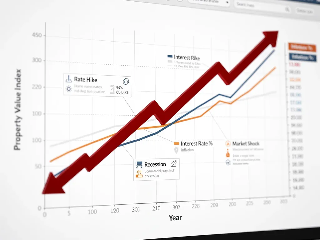 Financial graph illustrating declining commercial property values and economic indicators.
