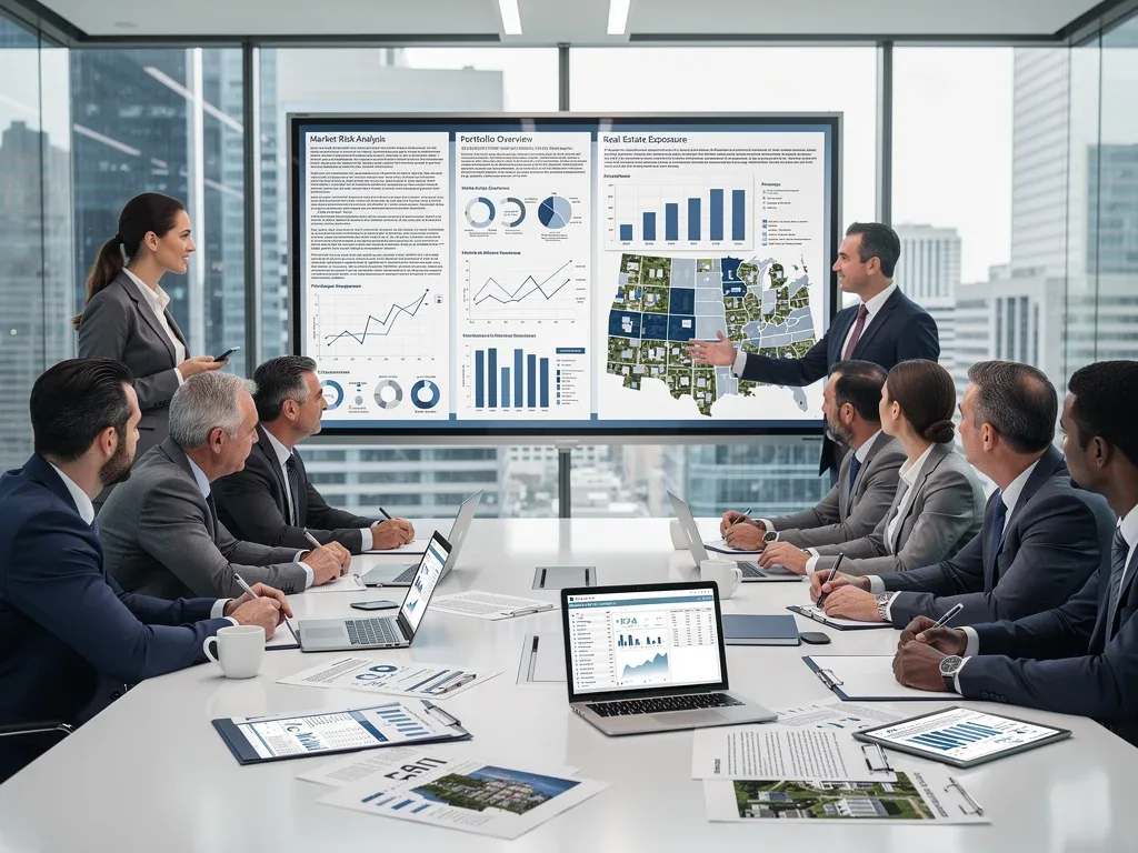 Business professionals discussing risk management strategies for commercial real estate.
