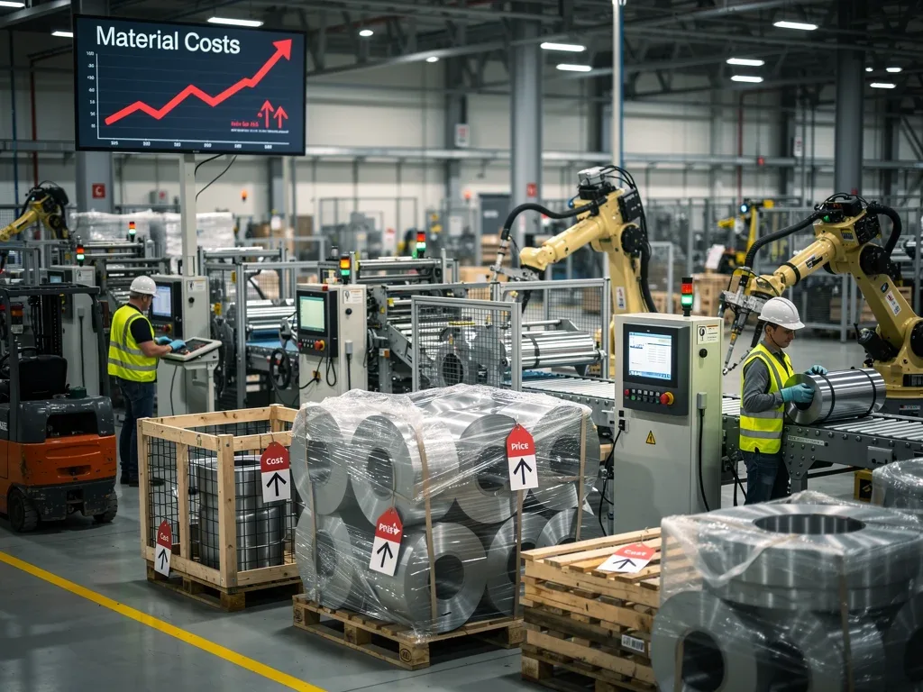 Factory production line showing increased raw material costs and manufacturing expenses
