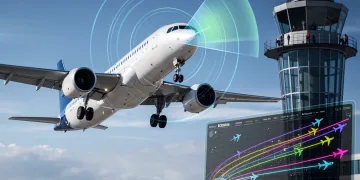 Commercial aircraft with advanced radar collision system in operation