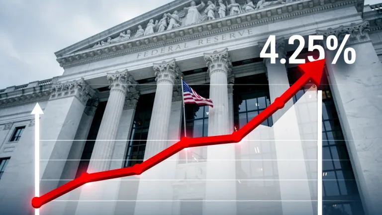 Federal Reserve building with a rising interest rate graph overlay, symbolizing economic policy.