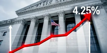 Federal Reserve building with a rising interest rate graph overlay, symbolizing economic policy.