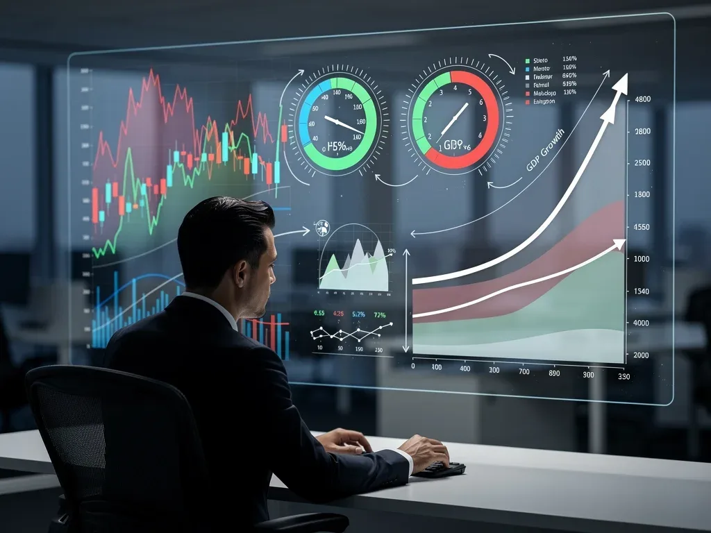 Economic dashboard showing stock charts, inflation, and GDP, reflecting monetary policy impact.