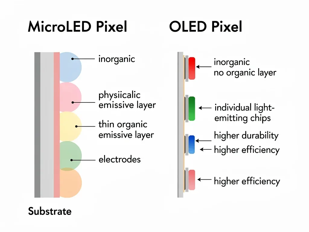 Structural comparison of MicroLED and OLED pixels