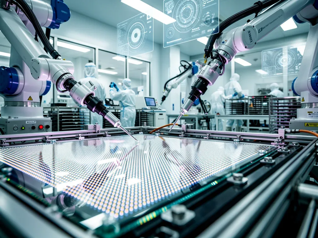 Robotic arms in a MicroLED manufacturing facility performing mass transfer