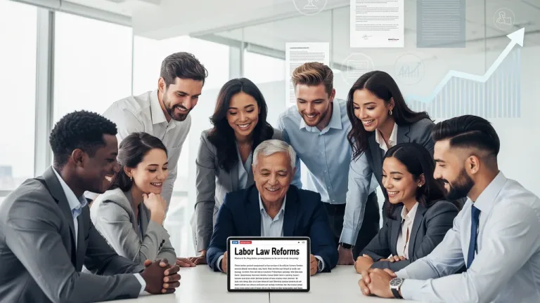 Workers reviewing new labor laws on a tablet