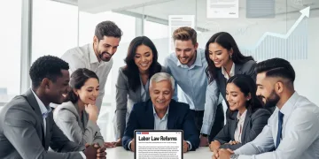 Workers reviewing new labor laws on a tablet