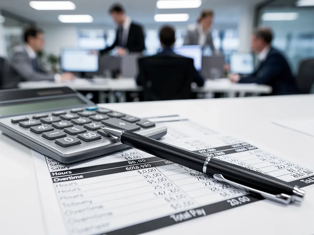 Calculator and pen on salary calculation document