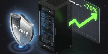Server rack with glowing lights representing local LLM deployment and cost savings