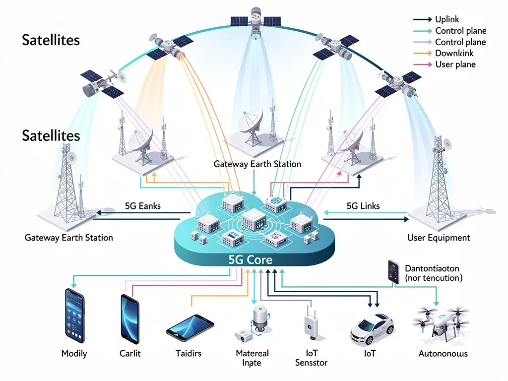Diagram of 5G non-terrestrial network architecture and data flow