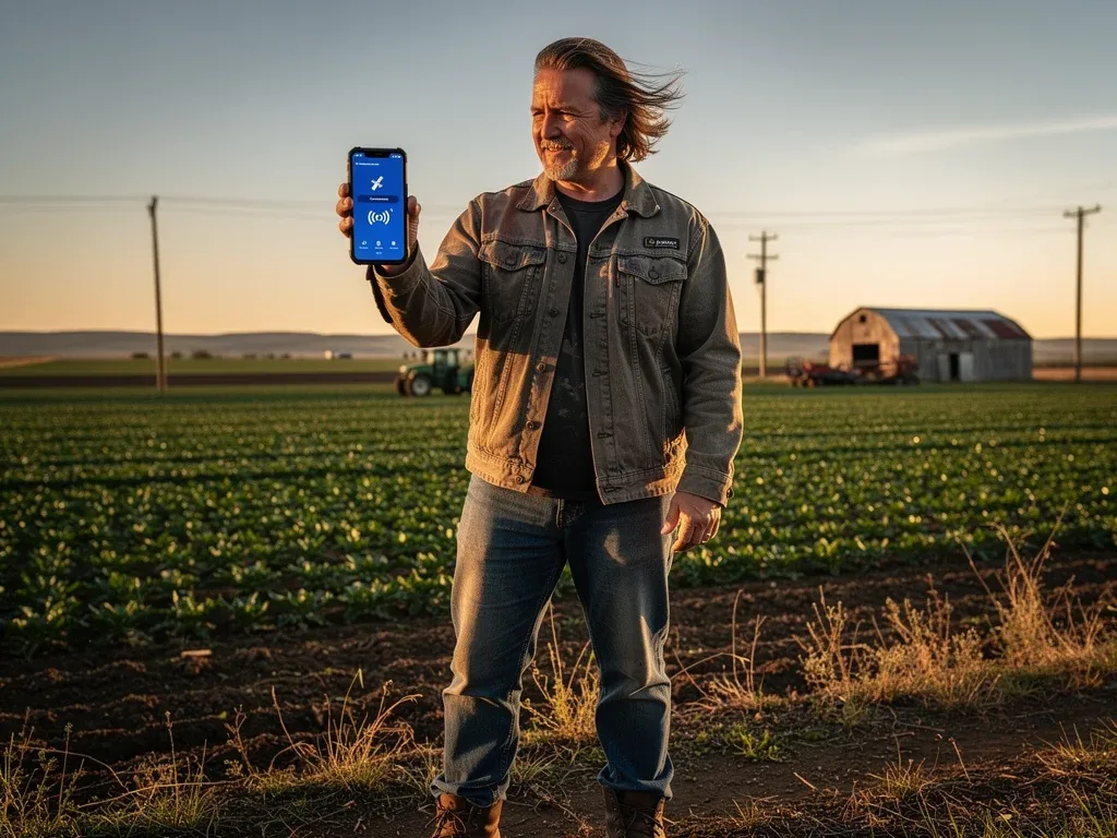 Farmer using smartphone with full signal in rural US via satellite