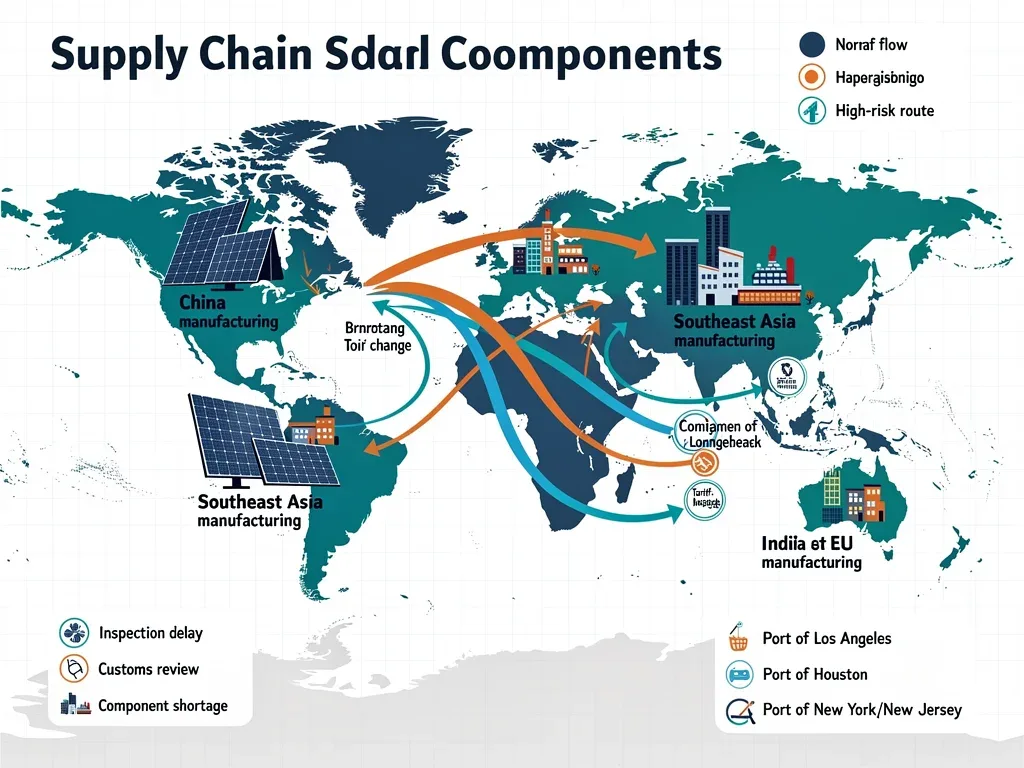Global solar supply chain map illustrating trade routes and potential tariff impacts.