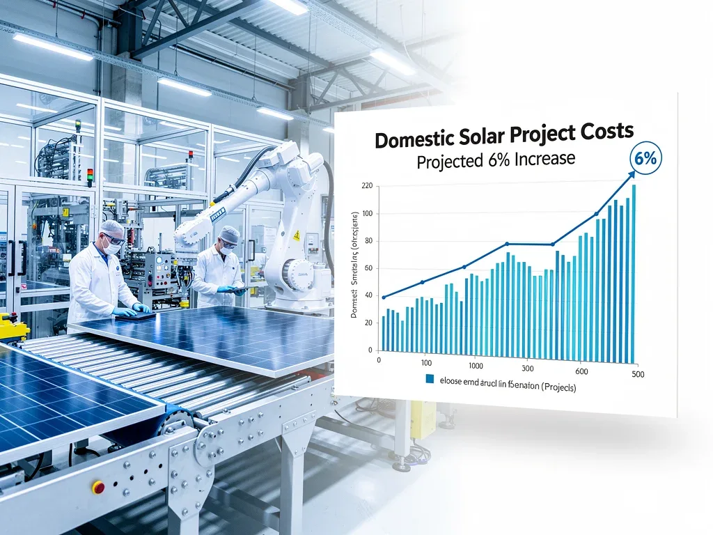 Advanced solar panel manufacturing facility with a graph showing projected 6% domestic cost increase.