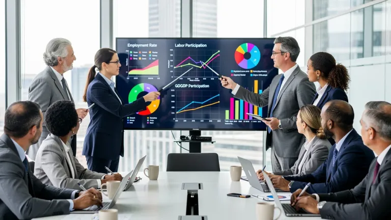 Professionals analyzing employment data and economic charts in a contemporary office