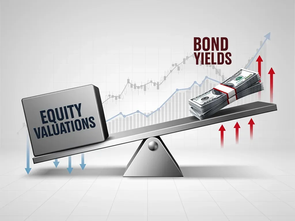 Seesaw illustrating bond yields rising, pushing down equity valuations