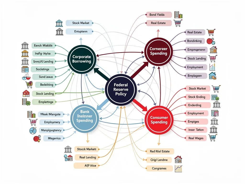 Interconnected financial network showing Fed policy, inflation, and market effects