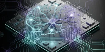 Neuromorphic chip with glowing connections symbolizing spiking neural networks and efficient AI processing.