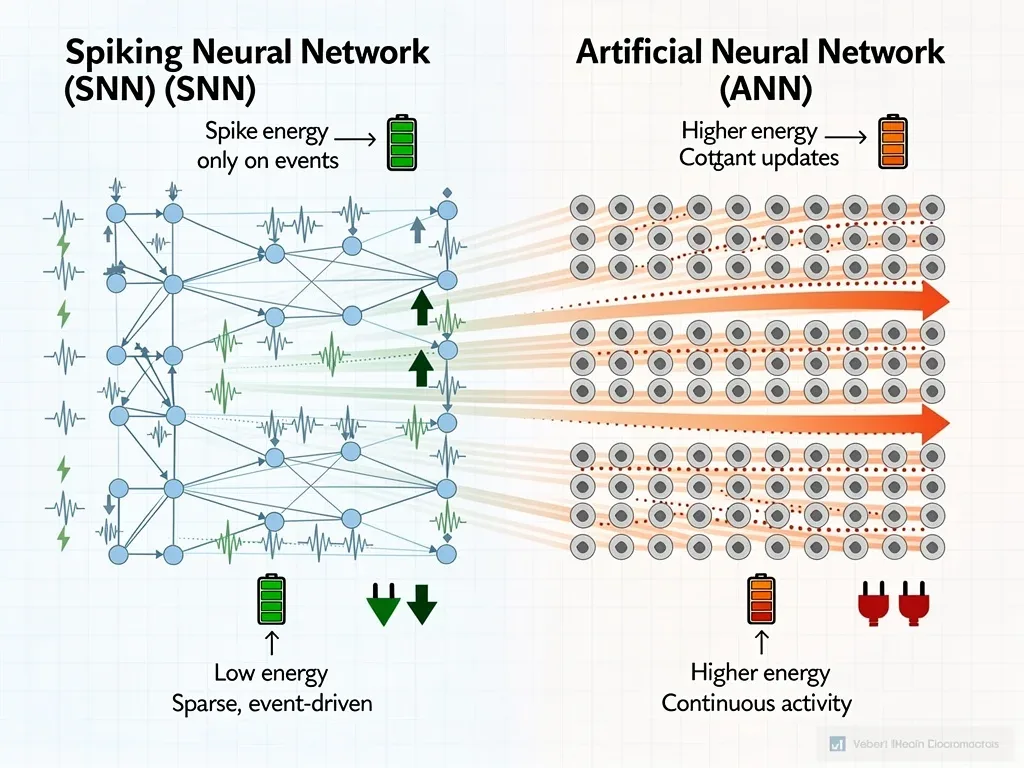 Diagram comparing spiking neural network architecture with traditional artificial neural networks, emphasizing energy efficiency.