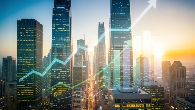 City skyline at dawn with economic growth charts, symbolizing strong nonfarm payrolls and economic expansion.