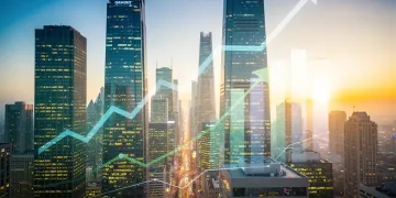 City skyline at dawn with economic growth charts, symbolizing strong nonfarm payrolls and economic expansion.