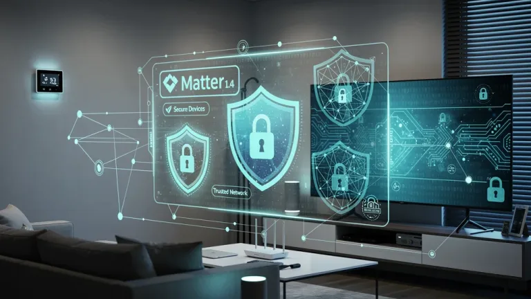 Secure smart home network with Matter 1.4 protocol devices and digital security shields.
