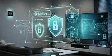 Secure smart home network with Matter 1.4 protocol devices and digital security shields.