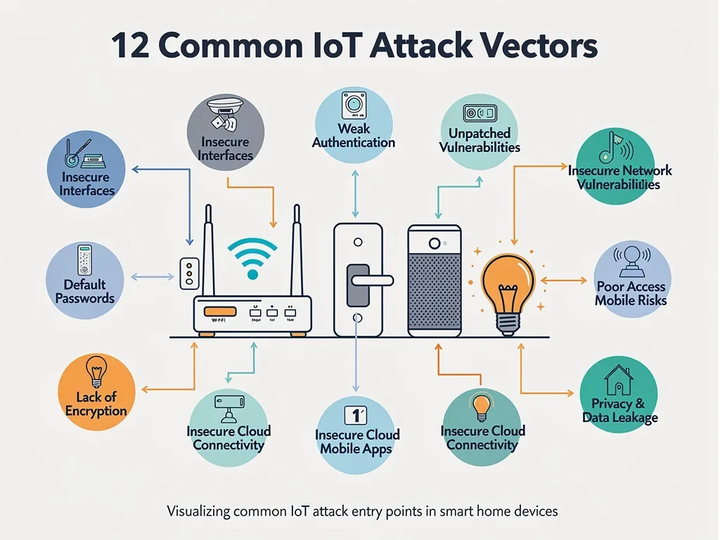 Infographic illustrating 12 common IoT attack vectors targeting smart home devices.