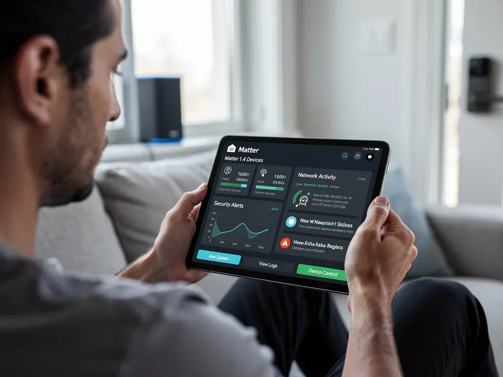 User managing smart home security with Matter 1.4 compatible devices on a tablet.