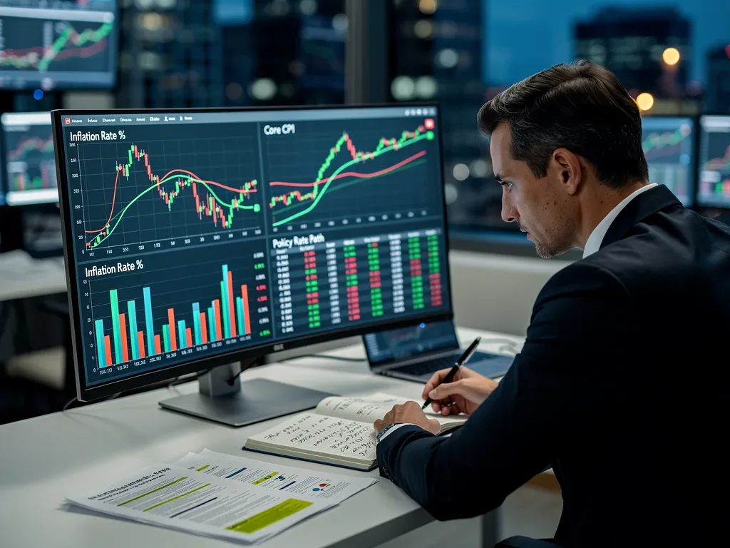 Financial analyst reviewing inflation data and economic charts