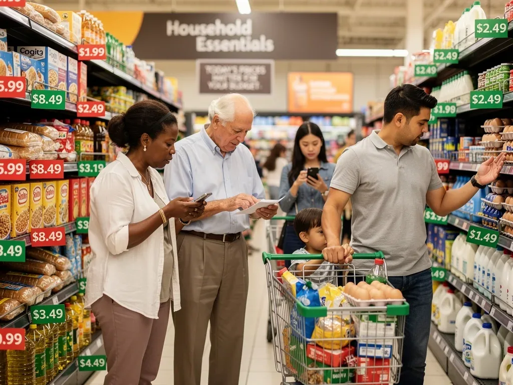 Consumers shopping in a supermarket with visible price tags